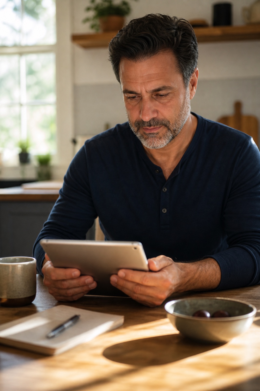 Mann liest am Küchentisch auf dem Tablet