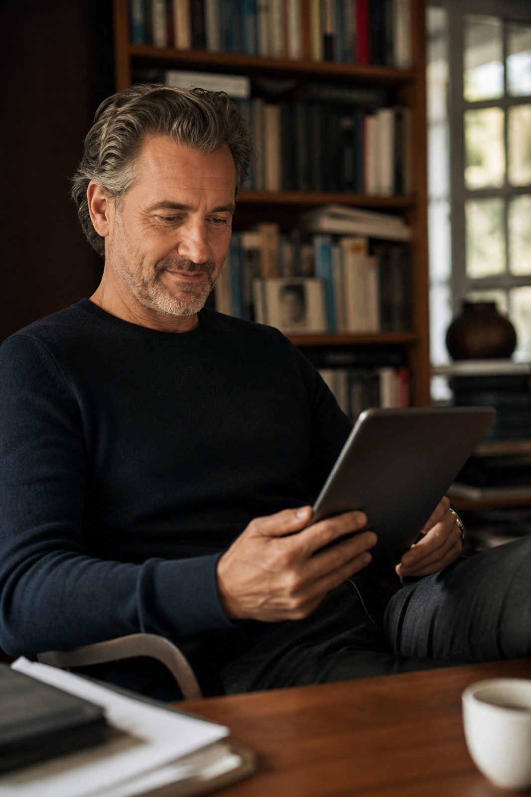 Mann liest seine Blutwerte auf dem Tablet